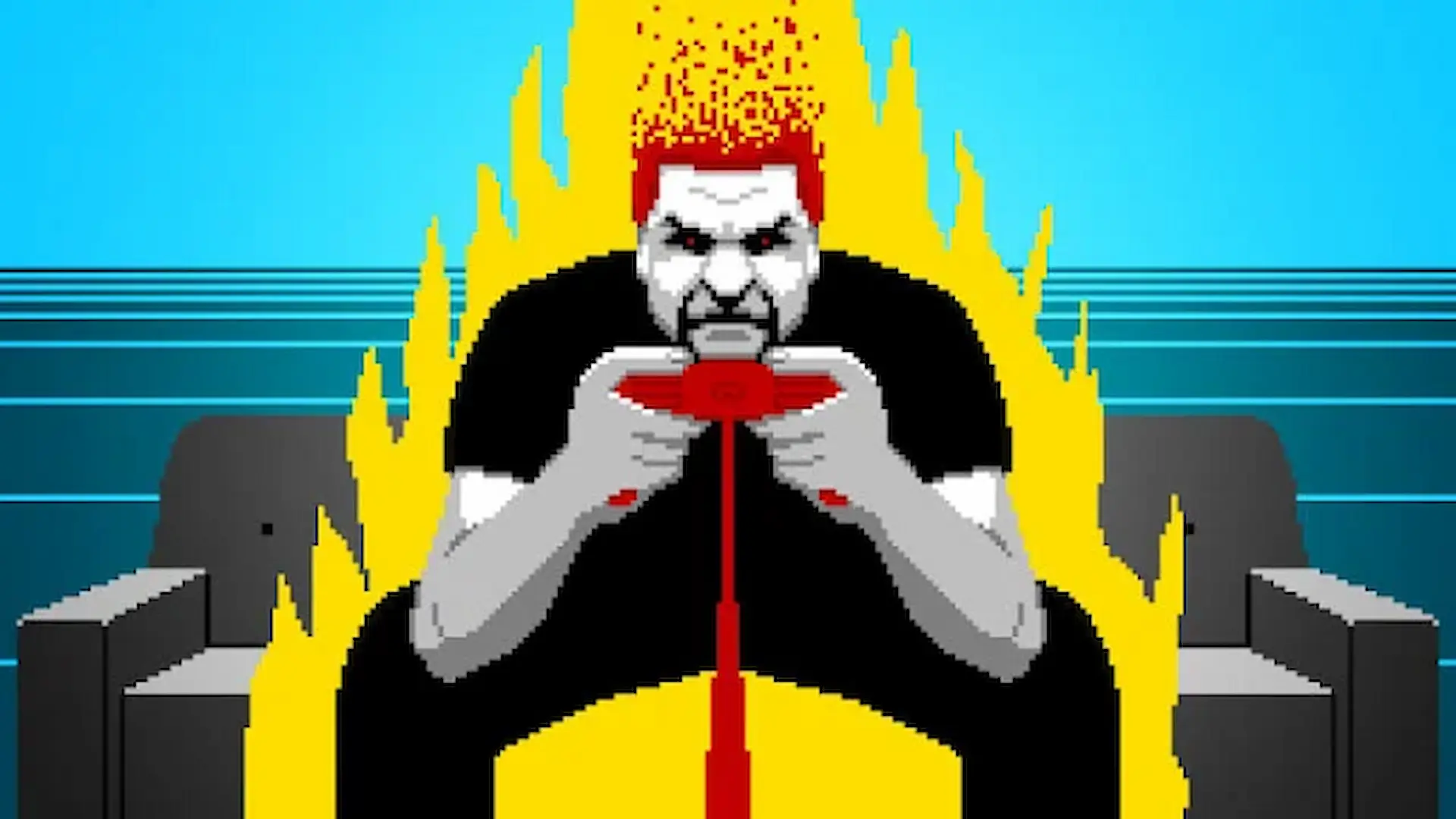 Ilustración de un gamer con ojos rojos y en llamas simboliza la rabia por las situaciones irritantes en los videojuegos.