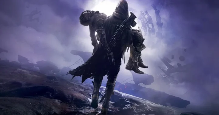Un personaje de Destiny 2 cargando con otro herido, caminando hacia un horizonte morado y oscuro.