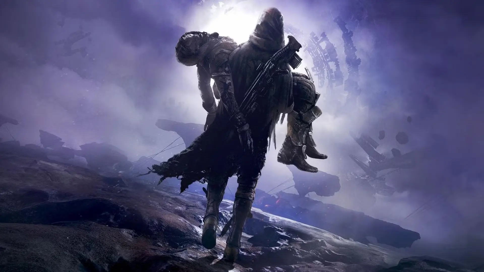 Un personaje de Destiny 2 cargando con otro herido, caminando hacia un horizonte morado y oscuro.