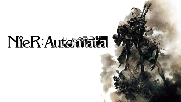 Portada del análisis de NieR Automata, con la protagonista sosteniendo a un compañero ante un fondo blanco.