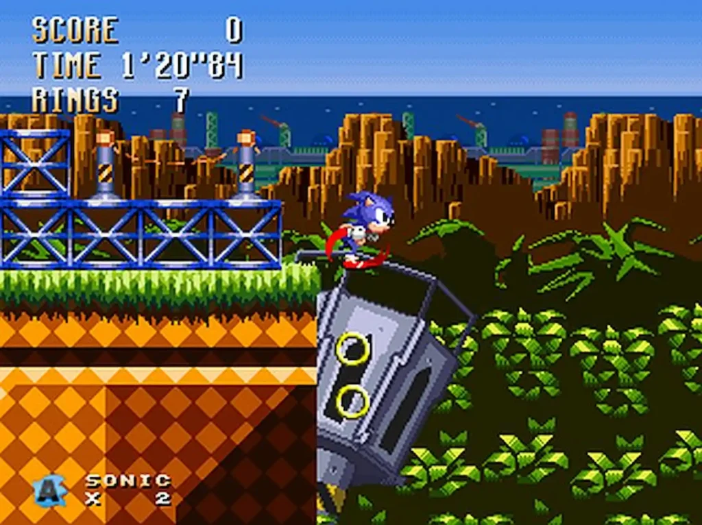 Sonic corre sobre una estructura metálica en un nivel industrial de Sonic Time Twisted con el mar al fondo.