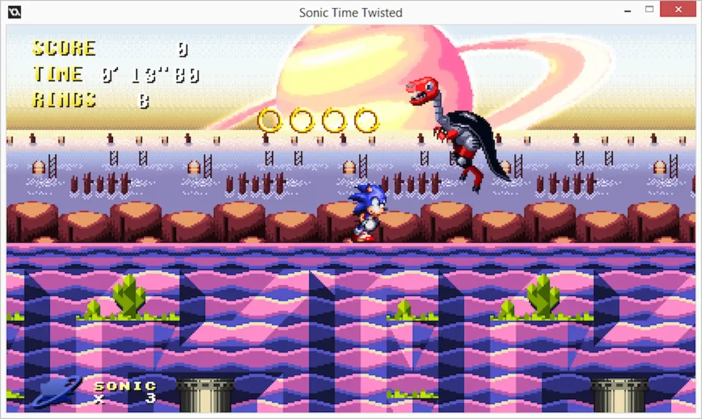 Sonic enfrenta a un jefe dinosaurio robótico en un escenario prehistórico de Sonic Time Twisted.