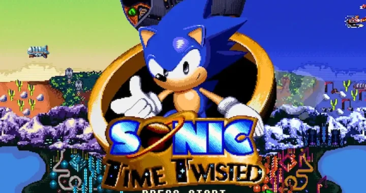 Pantalla de inicio de Sonic Time Twisted con Sonic posando dentro de un anillo dorado gigante.