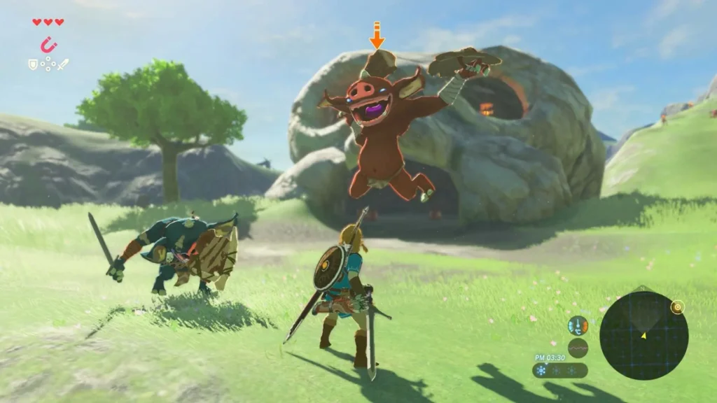 Link se enfrenta a dos enemigos Bokoblin, uno saltando desde una cueva, mostrando la mecánica de combate en el Viaje en Zelda.