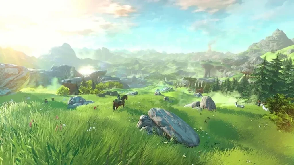 Un plano amplio de los vastos campos de Hyrule muestra a Link a caballo, resumidiendo la inmensidad del Viaje en Zelda en Breath of the Wild.