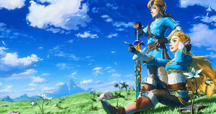 La Princesa Zelda y Link observan juntos el paisaje de Hyrule lleno de flores silenciosas, ilustrando un momento clave del Viaje en Zelda.