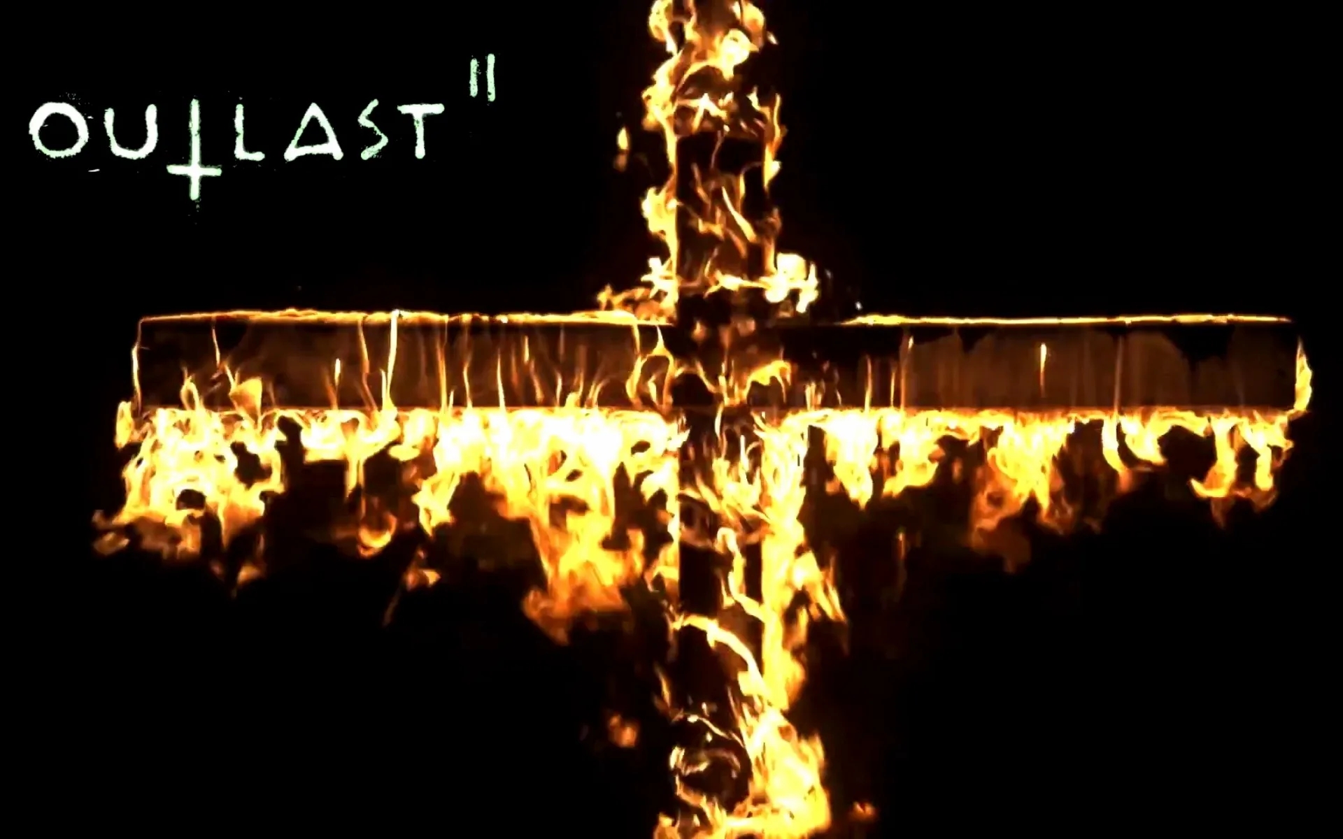 Cruz ardiendo en la oscuridad con el logo de Outlast 2 sobre fondo negro, símbolo del fanatismo en el juego.