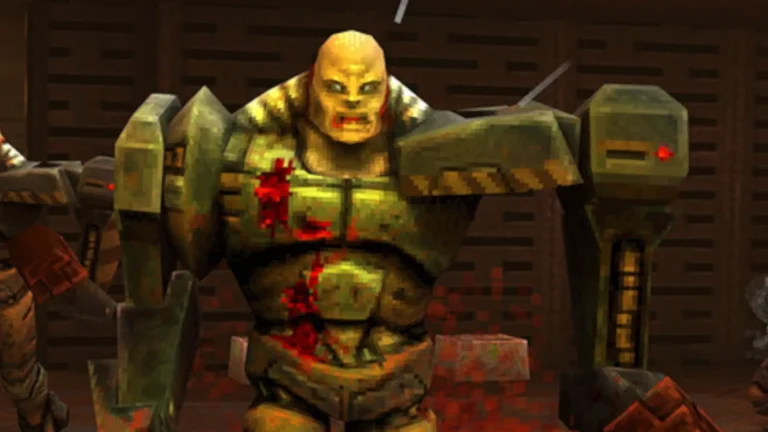 Enemigo con armadura y sangre en Quake II frente a la cámara del jugador.