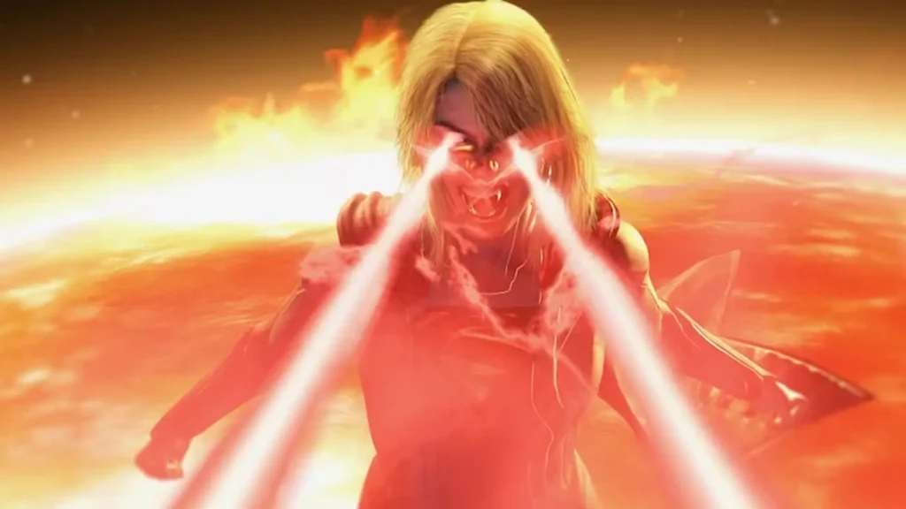 Primer plano de Supergirl en Injustice 2 con un rostro de rabia, disparando su rayo de calor ocular con un fondo naranja brillante.