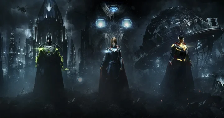 La portada de Injustice 2 muestra a Batman, Supergirl y Superman en un páramo oscuro con un cráneo mecánico gigante (Brainiac).