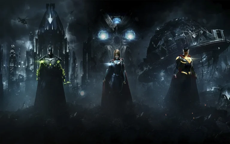 La portada de Injustice 2 muestra a Batman, Supergirl y Superman en un páramo oscuro con un cráneo mecánico gigante (Brainiac).