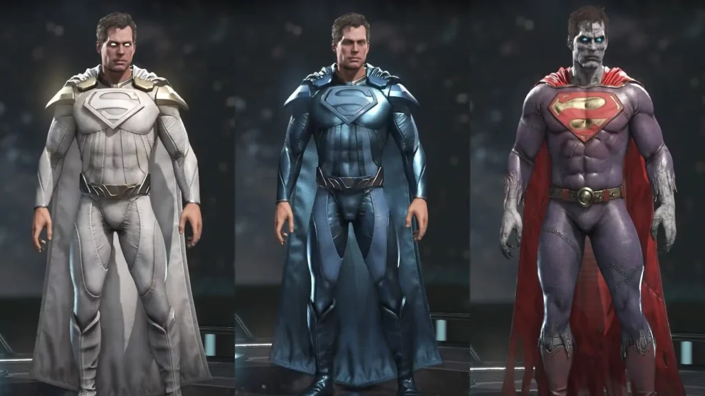 Tres skins de Superman en Injustice 2 se muestran lado a lado: un traje blanco y dorado, uno gris metálico y uno de aspecto zombi morado.