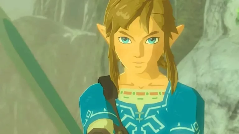 Link, con un tabardo azul y empuñando una espada, recordándonos porque The legend of Zelda: Breath of the Wild es genial.