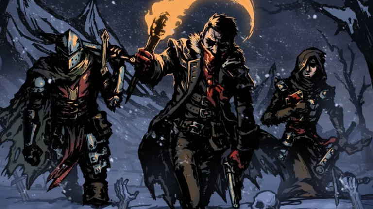 Un caballero, un ladrón y una asesina del videojuego Darkest Dungeon caminando por una montaña helada por la noche.