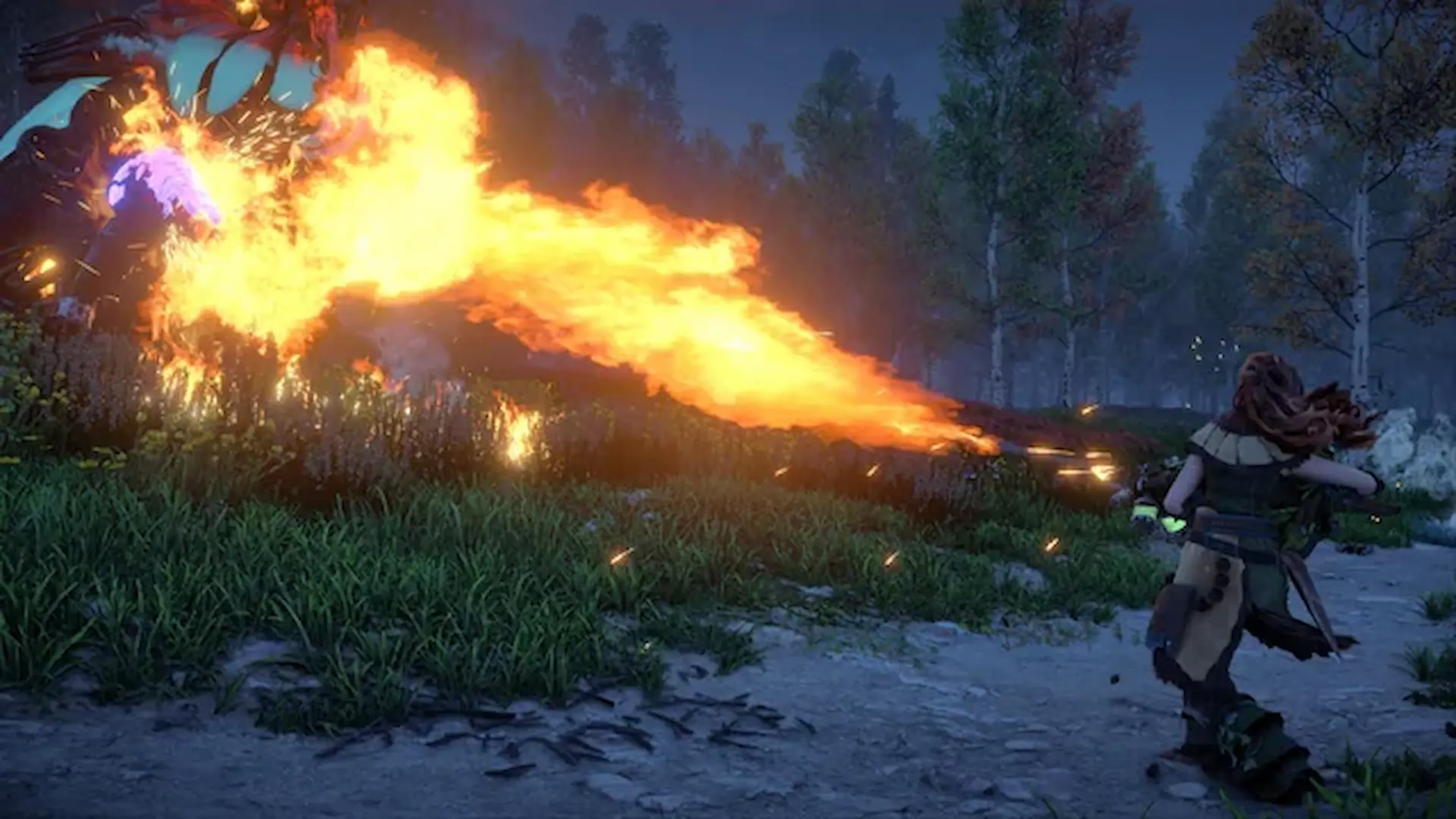 Aloy dispara un potente chorro de fuego a un enemigo robótico en una intensa escena de combate de Horizon Zero Dawn.