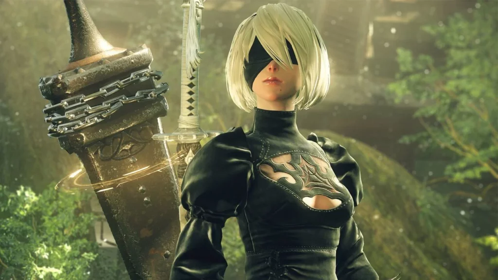 2B posando a cámara con su espadón a la espalda, un símbolo más de Nier: Automata y el perspectivismo.