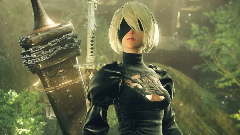 2B posando a cámara con su espadón a la espalda, un símbolo más de Nier: Automata y el perspectivismo.