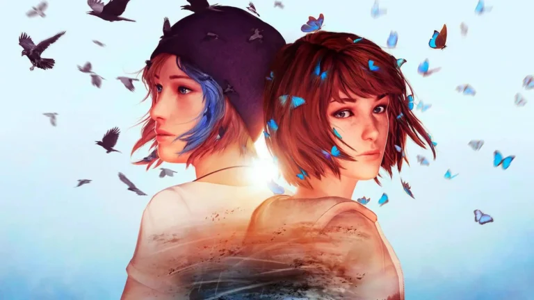 Max y Chloe de espaldas con mariposas y cuervos volando.