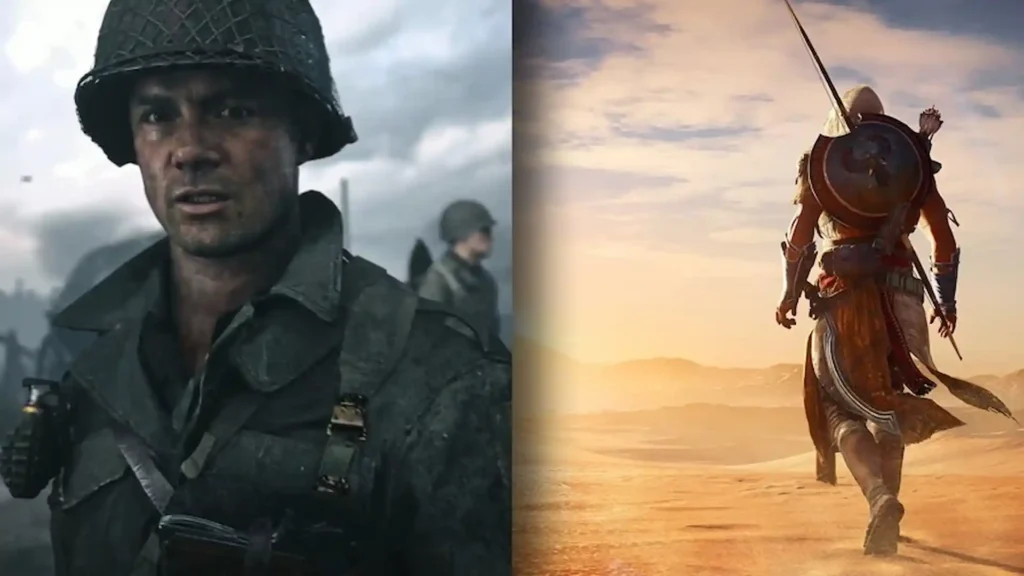 Soldier de Call of Duty World War II junto al protagonista de Assassin's Creed Origins caminando por el desierto egipcio.