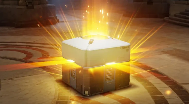 Caja de botín dorada abriéndose con destellos, símbolo visual de los micropagos en los videojuegos de hoy.