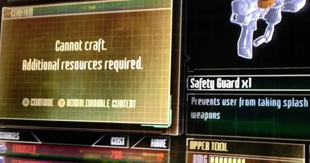 Pantalla de crafting de Dead Space 3 bloqueada por microtransacciones que exigen comprar recursos adicionales.