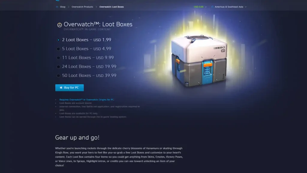 Tienda oficial de cajas de botín en Overwatch con precios desde 1,99 $ y una caja iluminada en azul.