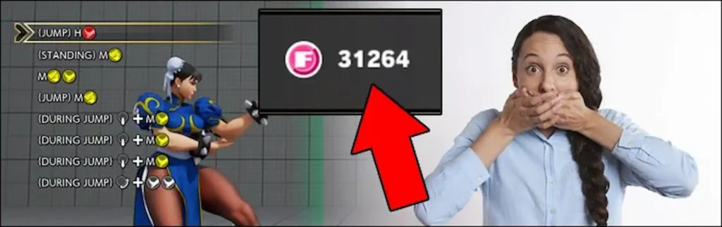 Chun-Li en Street Fighter V junto a una mujer horrorizada ante un saldo de 31 264 Fighting Coins.