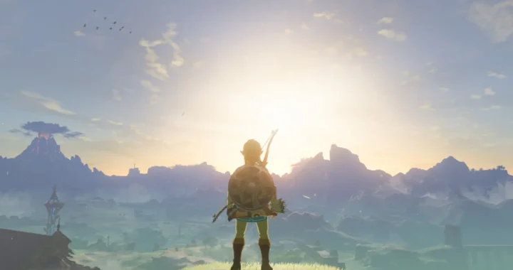 Link de espaldas a la cámara y contemplando la narrativa de Zelda Breath of the Wild a través del paisaje.