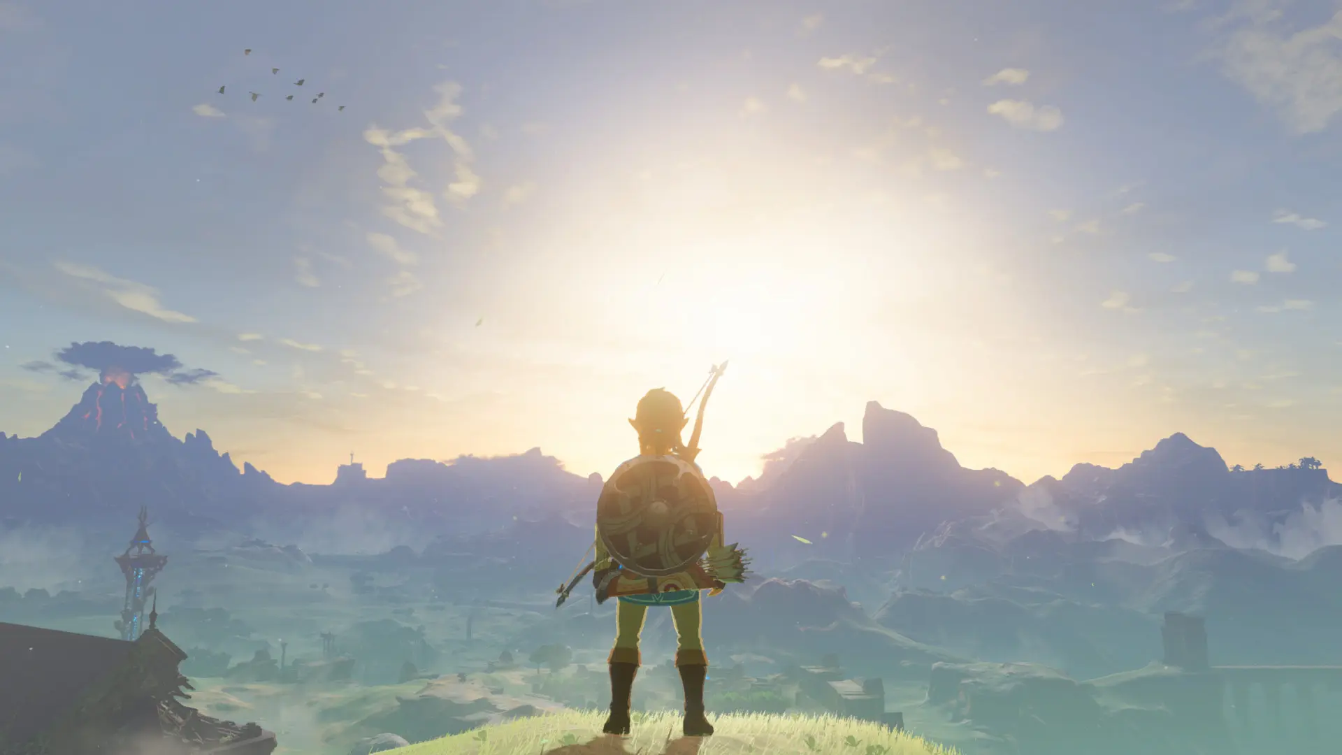 Link de espaldas a la cámara y contemplando la narrativa de Zelda Breath of the Wild a través del paisaje.