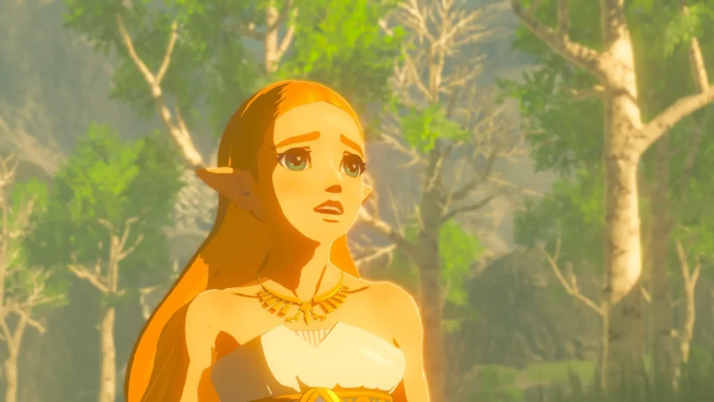 La narrativa en Zelda Breath of the Wild 2 Zelda con expresión de angustia ante un bosque soleado tras contemplar la narrativa en Zelda Breath of the Wild.