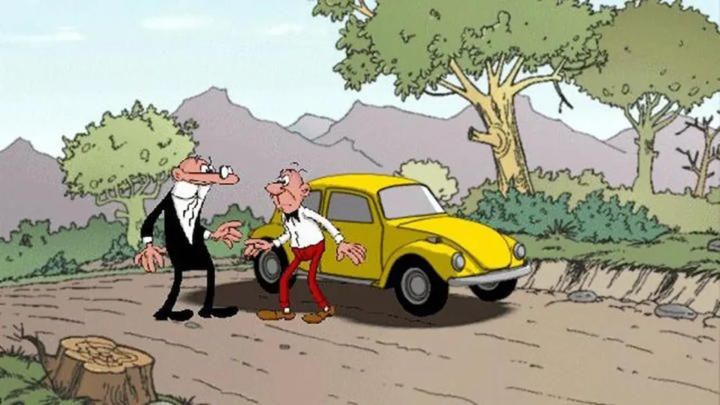 Mortadelo y Filemón discuten junto a un Volkswagen amarillo en una carretera de campo en El sulfato atómico.