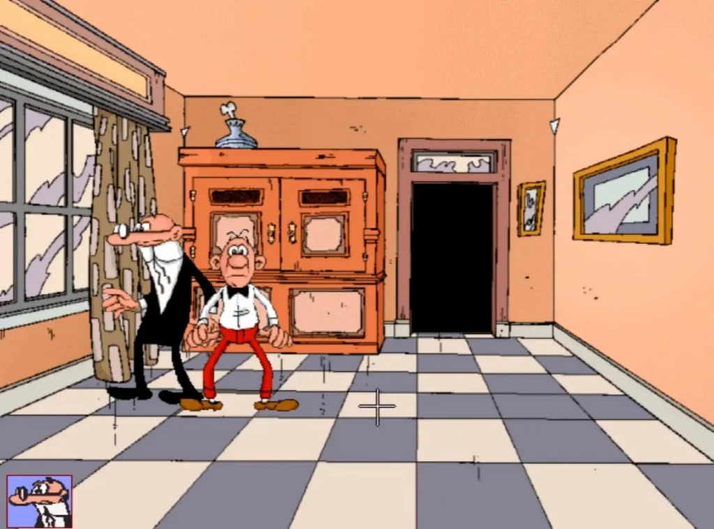 Mortadelo y Filemón en las oficinas de la TIA con suelo a cuadros en el videojuego El sulfato atómico.