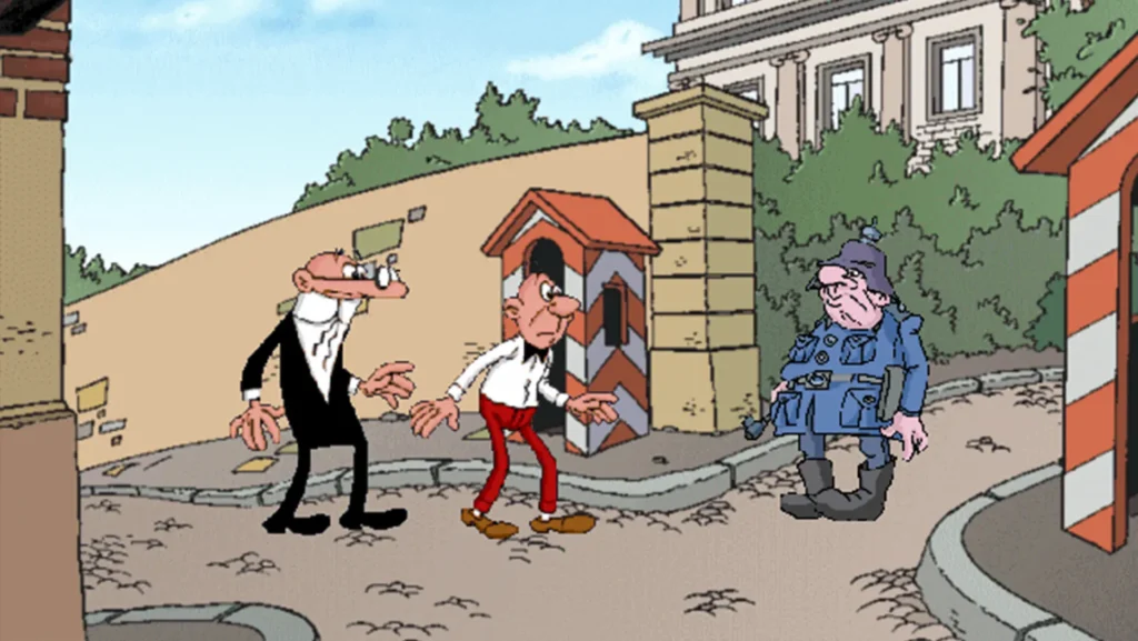 Mortadelo y Filemón ante un guardia en la entrada de un edificio en El sulfato atómico.