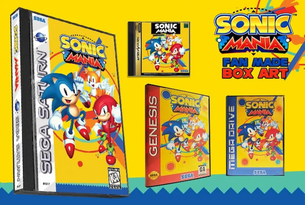 Fan art de cajas de Sonic Mania en formato Sega Saturn, Genesis y Mega Drive sobre fondo amarillo vibrante.
