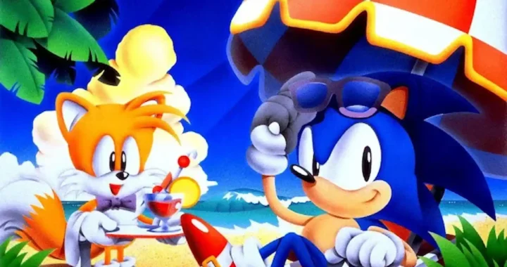 Sonic tumbado en la playa con gafas de sol y Tails sirviéndole un helado, arte clásico del universo Sonic Mania.