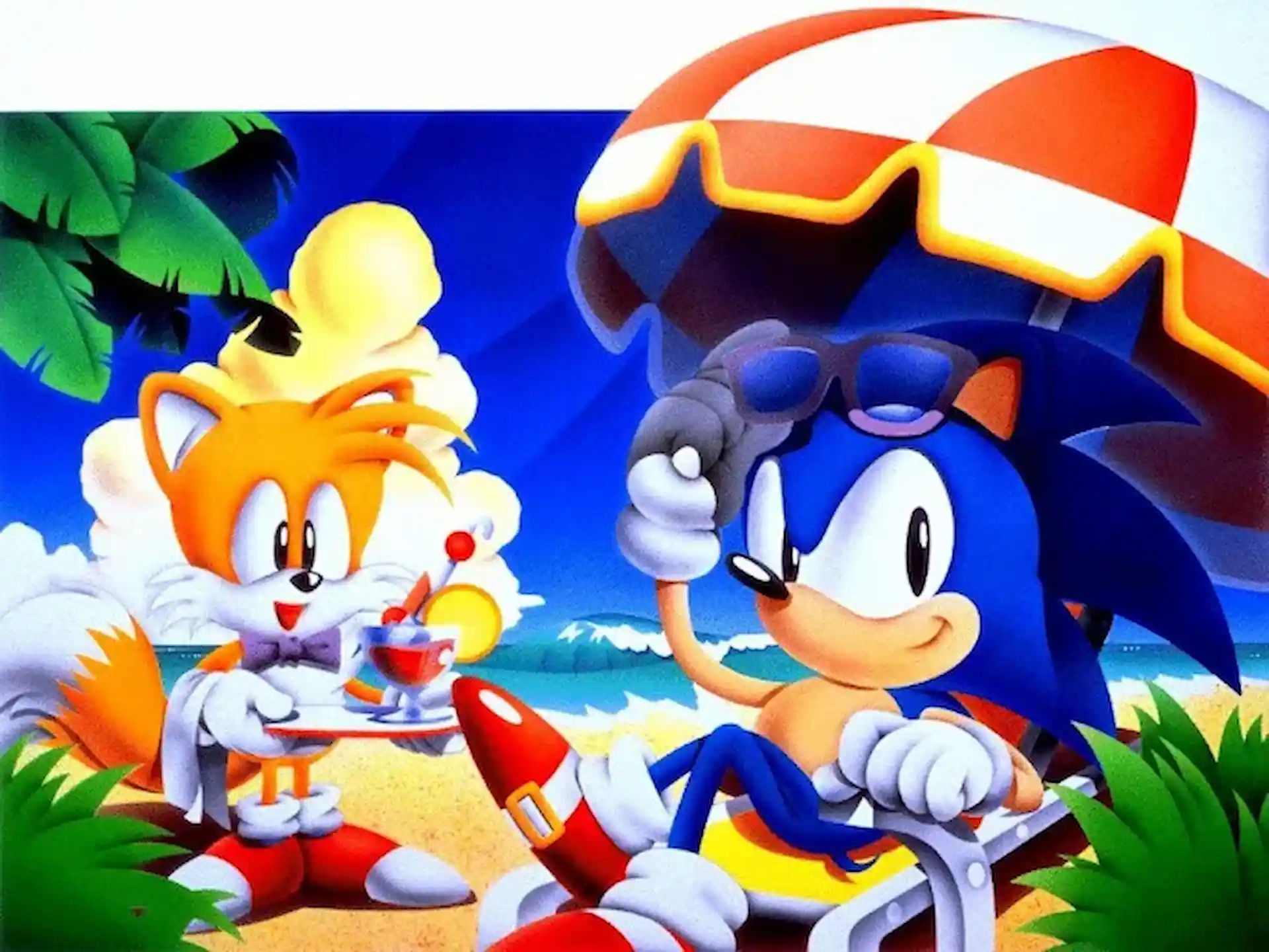 Sonic tumbado en la playa con gafas de sol y Tails sirviéndole un helado, arte clásico del universo Sonic Mania.