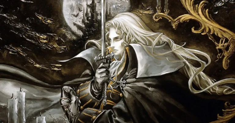 Arte oficial de Alucard en Symphony of the Night: pelo blanco al viento, espada en mano y el castillo de Drácula al fondo.