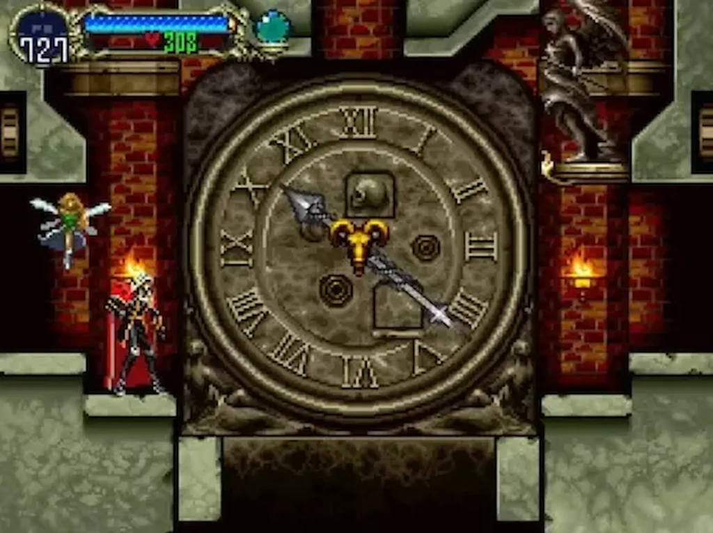 Alucard ante el enorme reloj del castillo en Symphony of the Night, con un familiar alado a su lado.