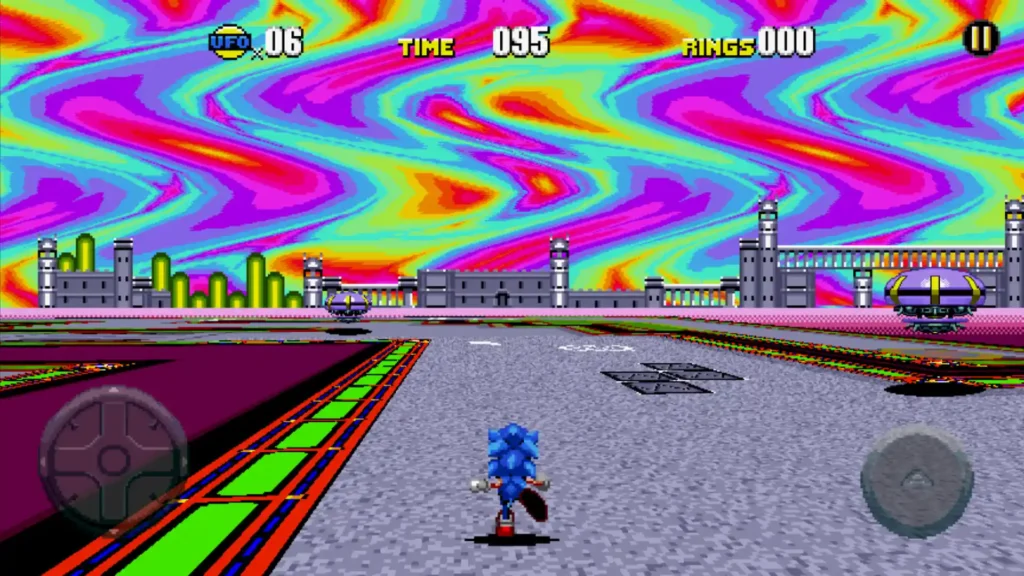 Sonic corre por una fase de Sonic CD con fondo psicodélico de colores y arquitectura futurista en versión móvil.