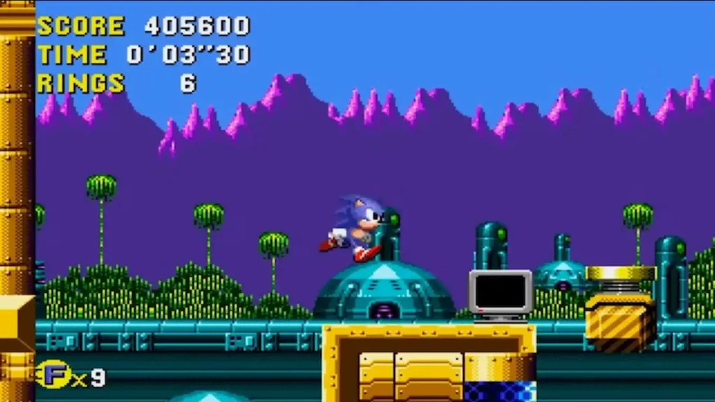 Sonic salta sobre una cúpula metálica en un nivel futurista de Sonic CD con montañas rosas al fondo.