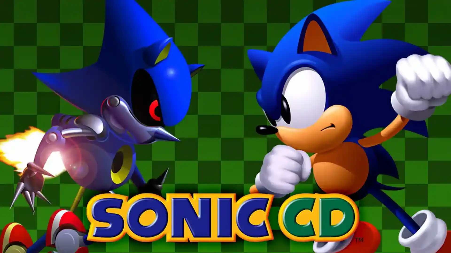 Portada de Sonic CD con Sonic y Metal Sonic enfrentados, listos para la carrera más tensa de la saga.