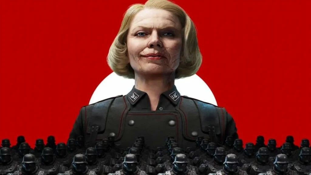 Irene Engel aparece altiva frente a un fondo rojo con tropas formadas a sus pies, mostrando su rostro cicatrizado.