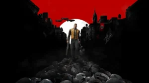 El héroe de Wolfenstein II camina sobre un montón de cascos nazis hacia una ciudad oscurecida por una bandera roja gigante.