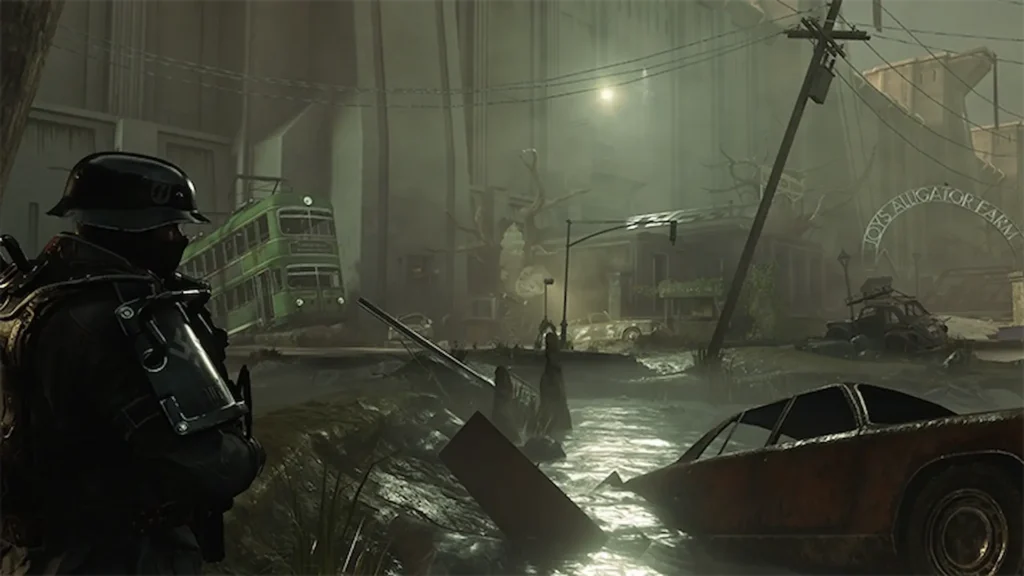 Un guardia nazi vigila la Nueva Orleans inundada y en ruinas, con un tranvía verde volcado al fondo.