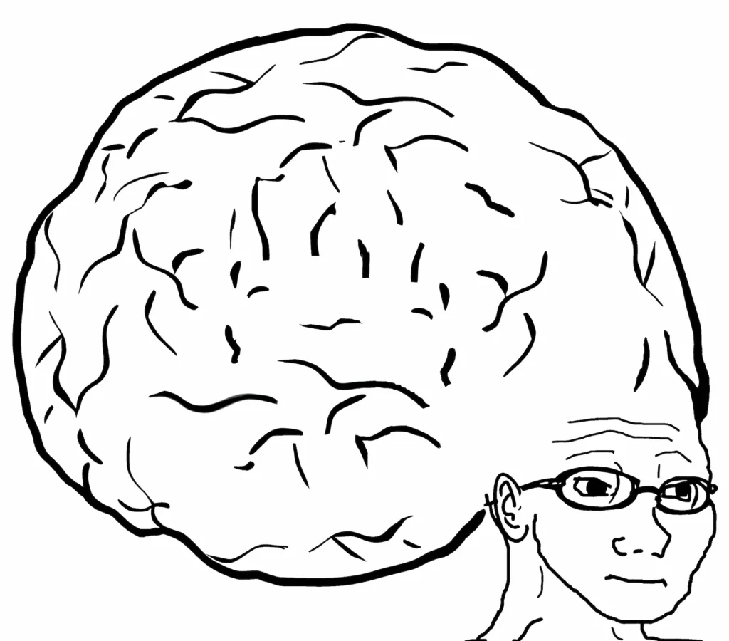 Un meme en blanco y negro de una persona con un cerebro exageradamente grande, a menudo asociado al cheater que se cree superior.