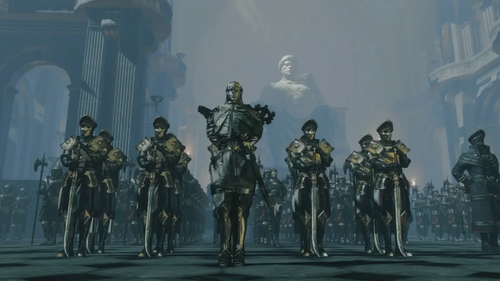 Un grupo de soldados con armaduras completas y detalladas marcha en formación en una cinemática de Path of Exile.