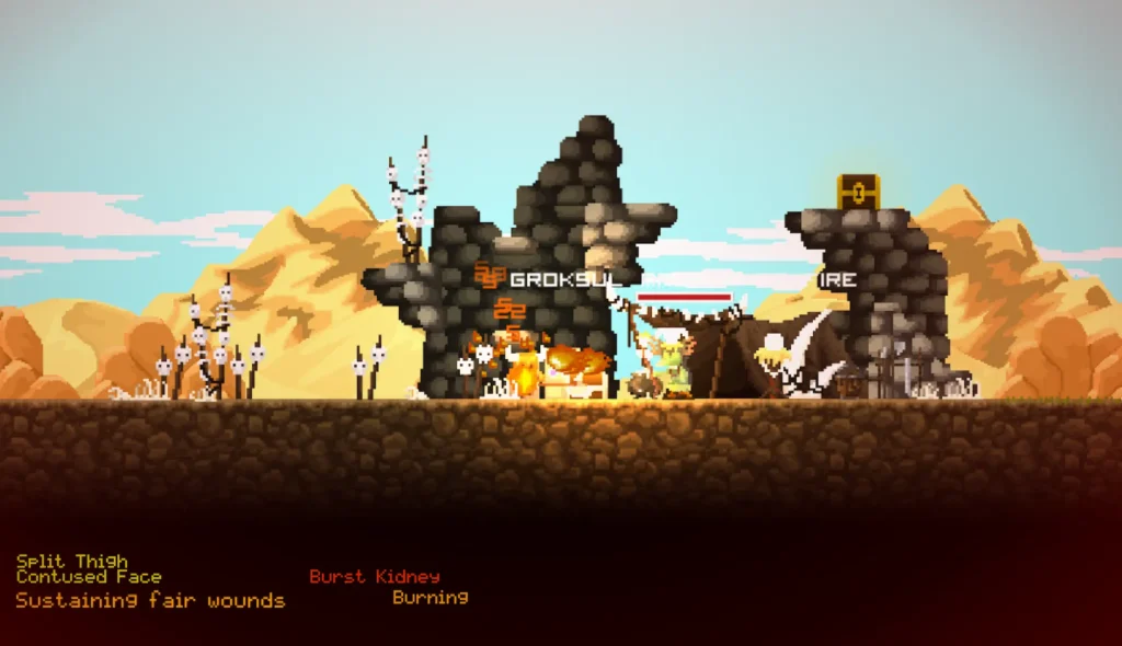 Combate entre enanos y criaturas enemigas ante una fortaleza en el desierto de Regions of Ruin.