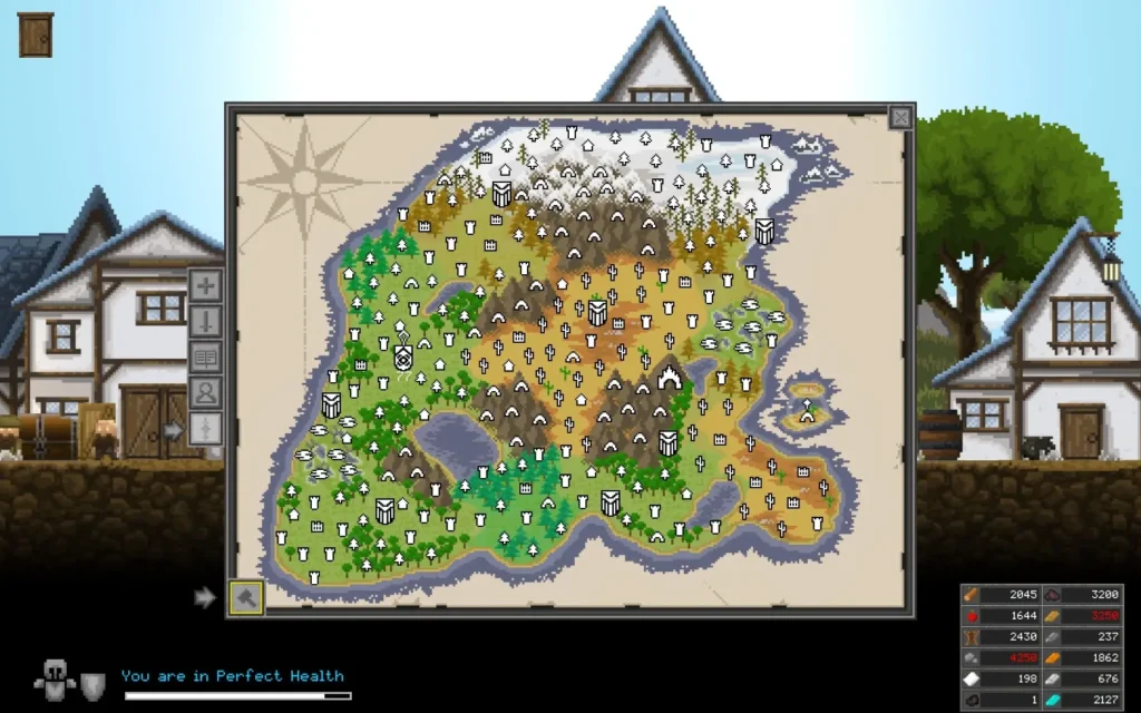 Mapa del mundo abierto de Regions of Ruin con múltiples biomas, iconos y recursos visibles.