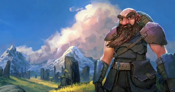 Arte oficial de Regions of Ruin con un enano barbudo con armadura observando un paisaje montañoso