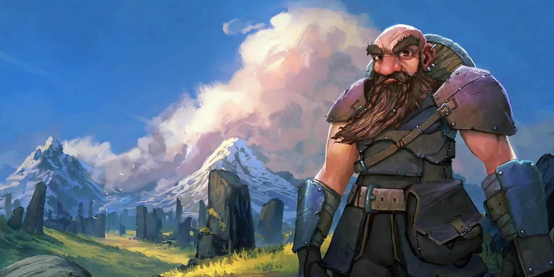 Arte oficial de Regions of Ruin con un enano barbudo con armadura observando un paisaje montañoso